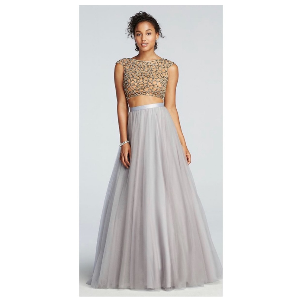 Two Piece Beaded Crop Top with Tulle Skirt